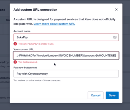 Formulario de URL de pago para rellenar en Xero